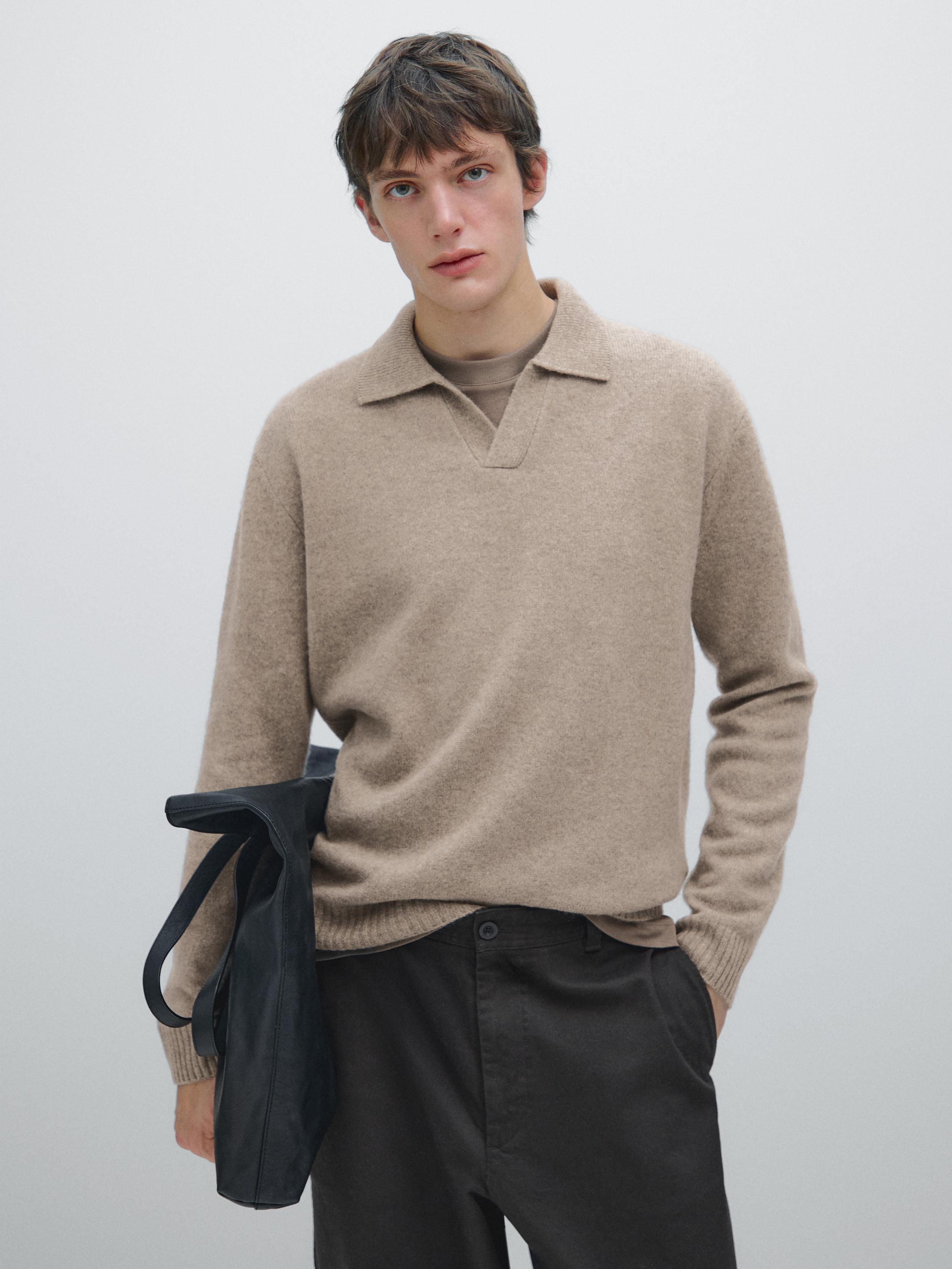 Wool blend V-neck polo sweater